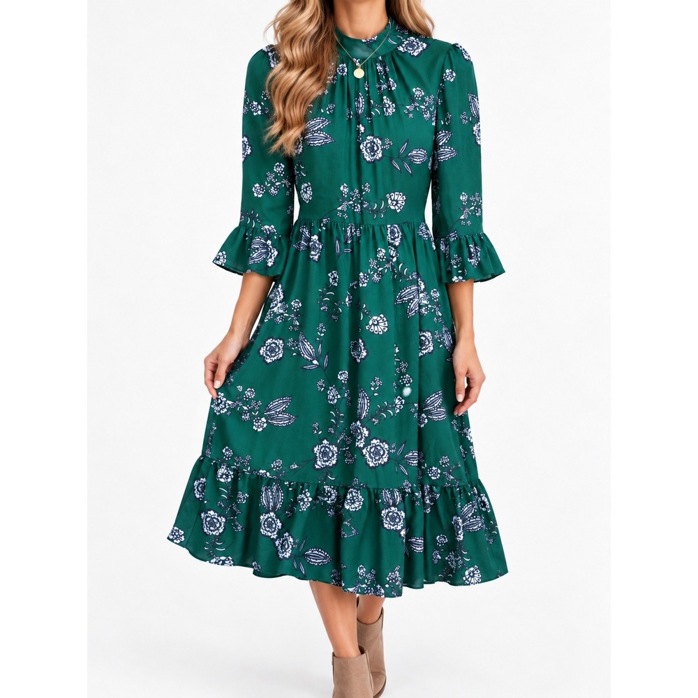 Eliza J Green Floral Mock Neck Midi Dress Ruffle Tiered Flounce Size 8 EJ9M3695
